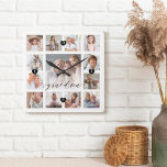 Grootma Script Family Memory Photo Grid Collage Vierkante Klok<br><div class="desc">Een mooi gepersonaliseerd cadeau voor je oma dat ze nog jaren zal koesteren. Biedt een moderne collage van dertien foto's op het raster om 13 van uw eigen speciale familieherinneringen weer te geven. "Oma" ontworpen in een mooie, handgeschreven zwarte scriptstijl. Elke foto is voorzien van een eenvoudig goudkleurig lijst. De...</div>