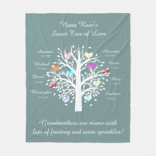 Grootmabomen (harten), wit/blauw, 8 namen en data fleece deken (Voorkant)