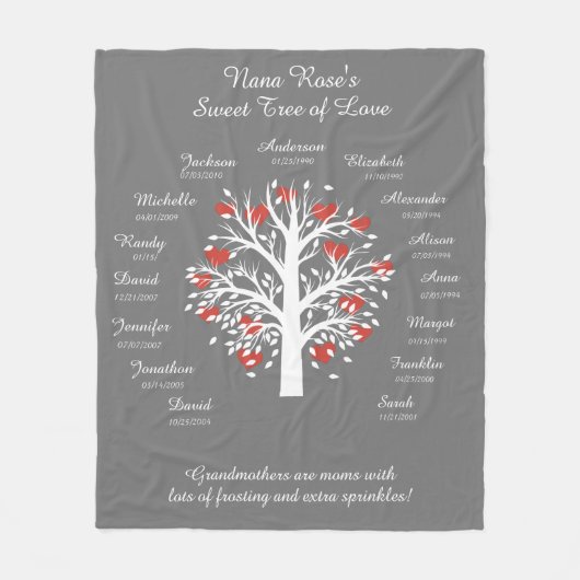 Grootmabomen (harten), wit/grijs, 15 namen/data fleece deken (Voorkant)