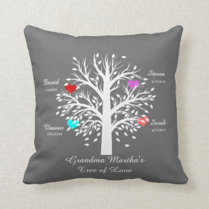 Grootmabomen (harten) Wit op grijs, 4 namen/data Kussen