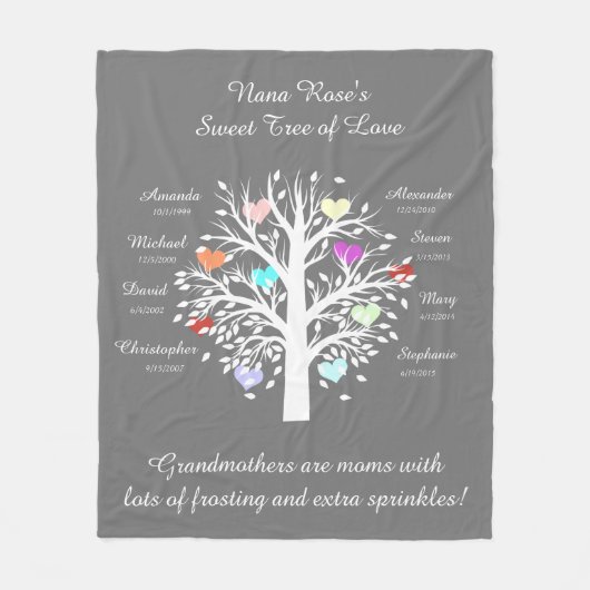 Grootmabomen (harten), witte/grijze 8 namen en dat fleece deken (Voorkant)