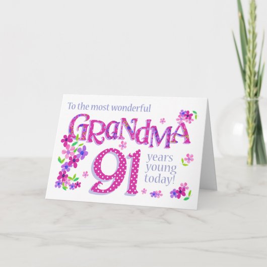 Grootma's 91e verjaardag Word Art met Flowers Card Feestdagen Kaart (Voorkant)