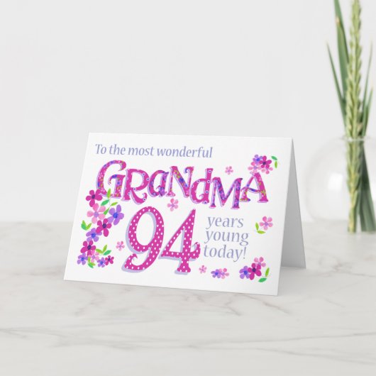 Grootma's 94e verjaardag Word Art met Flowers Card Feestdagen Kaart (Voorkant)