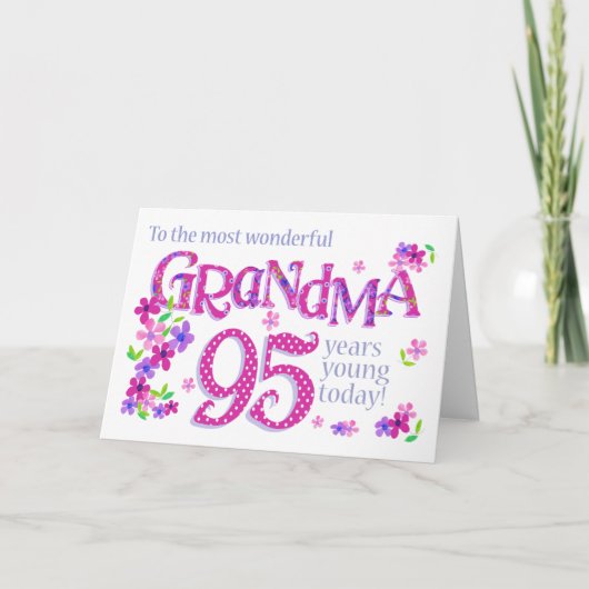 Grootma's 95e verjaardag Word Art met Flowers Card Feestdagen Kaart (Voorkant)