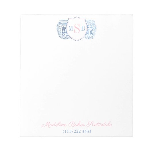 Grootmilleniumroze en blauwe gember jar-monogram notitieblok (Voorkant)