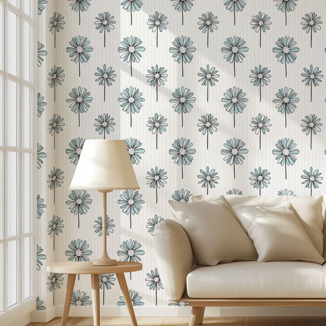 Grootmillennial Blauwe Toile Rozen Bloem Behang (Dusty Blue Daisy Floral Aesthetic Design HD wall paper)