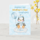 Grootmoeder 1ste Moederdag Penguin Blue Kaart (Gele Bloem)