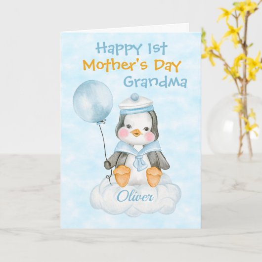 Grootmoeder 1ste Moederdag Penguin Blue Kaart (Gele Bloem)