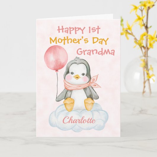 Grootmoeder 1ste Moederdag Penguin Pink Kaart (Gele Bloem)