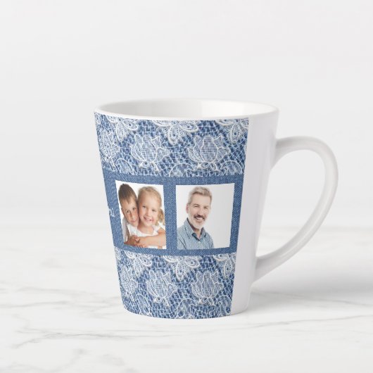 Grootmoeder blauwe denim fotocollage latte mok (Rechts)