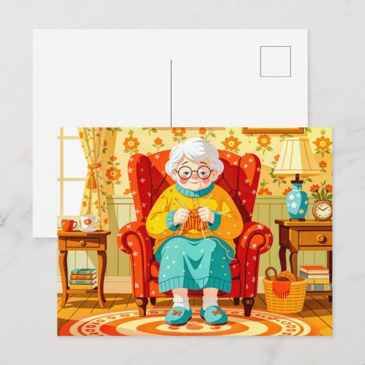 Grootmoeder breien in fauteuil - Illustratie Feestdagenkaart (Voorkant / Achterkant)