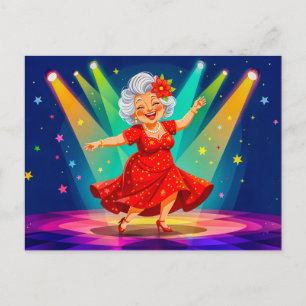 Grootmoeder die op het podium danst illustratie feestdagenkaart