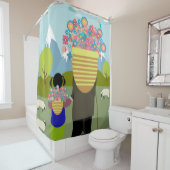 Grootmoeder en kleindochter lopen in de graaf douchegordijn (In situ)