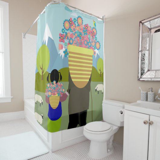 Grootmoeder en kleindochter lopen in de graaf douchegordijn (In situ)