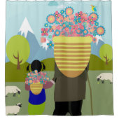 Grootmoeder en kleindochter lopen in de graaf douchegordijn (Voorkant)