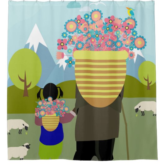 Grootmoeder en kleindochter lopen in de graaf douchegordijn (Voorkant)