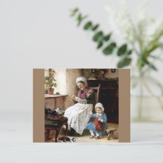 Grootmoeder en kleindochter naaien briefkaart (Staand voorkant)