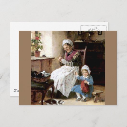 Grootmoeder en kleindochter naaien briefkaart (Voorkant / Achterkant)