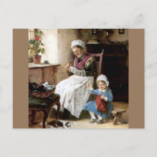 Grootmoeder en kleindochter naaien briefkaart