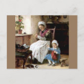 Grootmoeder en kleindochter naaien briefkaart (Voorkant)