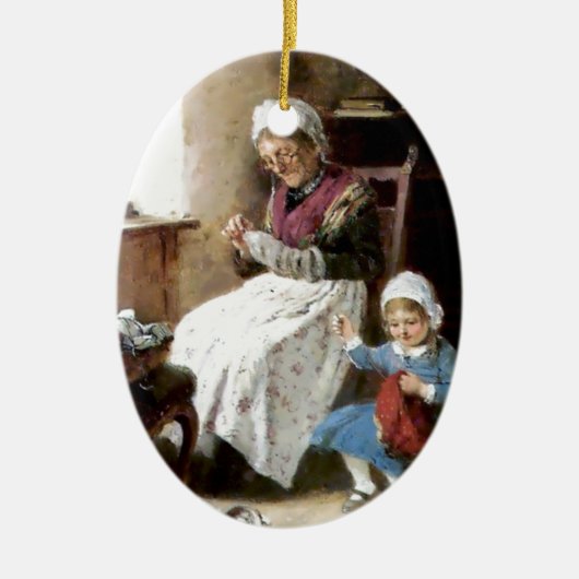 Grootmoeder en kleindochter naaien keramisch ornament (Voorkant)