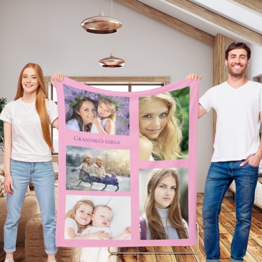 Grootmoeder foto collage meisjes roze fleece deken