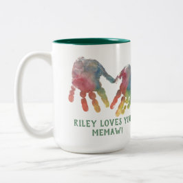 Grootmoeder handafdrukken met foto's tweekleurige koffiemok