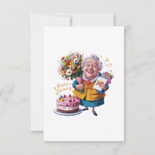 Grootmoeder op de fiets met cake en ballonnen bedankkaart