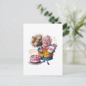 Grootmoeder op de fiets met cake en ballonnen briefkaart (Staand voorkant)