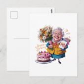 Grootmoeder op de fiets met cake en ballonnen briefkaart (Voorkant / Achterkant)