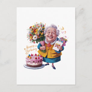 Grootmoeder op de fiets met cake en ballonnen briefkaart