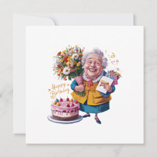 Grootmoeder op de fiets met cake en ballonnen kaart