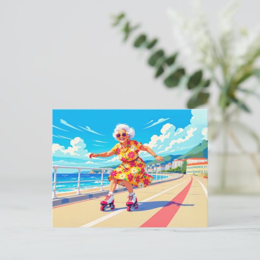 Grootmoeder Rolschaatsen Illustratie Feestdagenkaart (Staand voorkant)