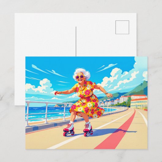 Grootmoeder Rolschaatsen Illustratie Feestdagenkaart (Voorkant / Achterkant)