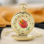Grootmoeder Typografie EnkelSinaasappel Tulip Foto Zakhorloge<br><div class="desc">Dit zoete zakhorlogegezicht is ontworpen met mijn close-up foto van één enkele oranje tulp met gele,  gesneden bladen en een lichtdoorbraak bovenaan. Het ontwerp omvat witte 3D aantallen en buitenring van zwarte elementen. Dit ontwerp kenmerkt de oranje tekst GRANDMOTHER in holle blokletters binnen de aantalring.</div>
