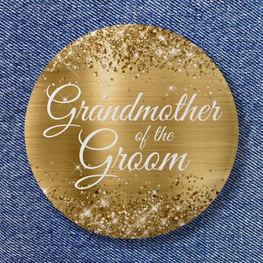 Grootmoeder van de bruidegom Glitterige gouden fol Ronde Button 5,7 Cm