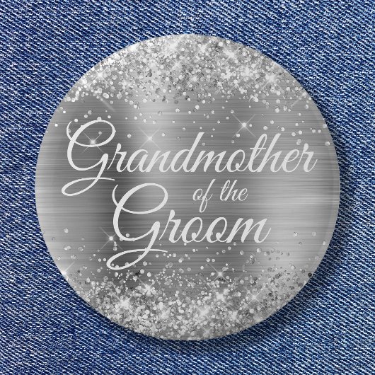 Grootmoeder van de bruidegom Glitterige Zilveren F Ronde Button 5,7 Cm