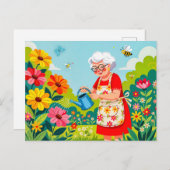 Grootmoeder Watering Garden Illustratie Feestdagenkaart (Voorkant / Achterkant)
