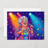 Grootmoeder zingt op het podium illustratie feestdagenkaart (Voorkant / Achterkant)