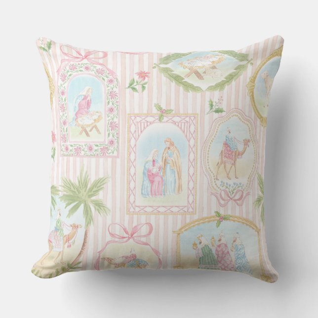 Grootmoederlijke pastel kerststal monogram kussen (Voorkant)