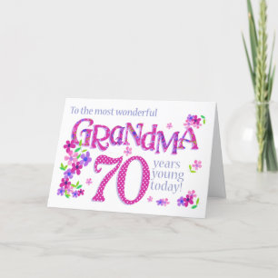 Grootmoeders 70e verjaardag Word Art met Flowers C Feestdagen Kaart