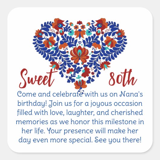 Grootmoeders 80e verjaardag / Hongaarse rustiek Vierkante Sticker (Voorkant)