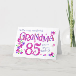 Grootmoeders 85e verjaardag Word Art met Flowers C Feestdagen Kaart