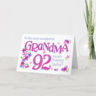 Grootmoeders 92e verjaardag Word Art met Flowers C Feestdagen Kaart