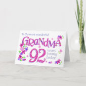 Grootmoeders 92e verjaardag Word Art met Flowers C Feestdagen Kaart (Voorkant)