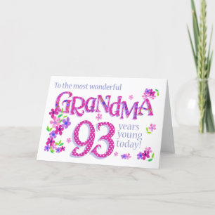 Grootmoeders 93e verjaardag Word Art met Flowers C Feestdagen Kaart