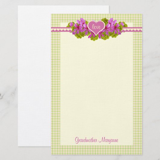 Grootmoeders roze bloemen hart briefpapier (Voorkant / Achterkant)