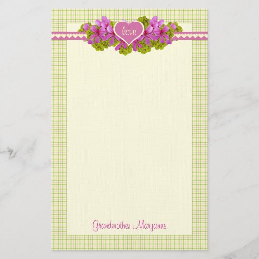 Grootmoeders roze bloemen hart briefpapier (Voorkant)