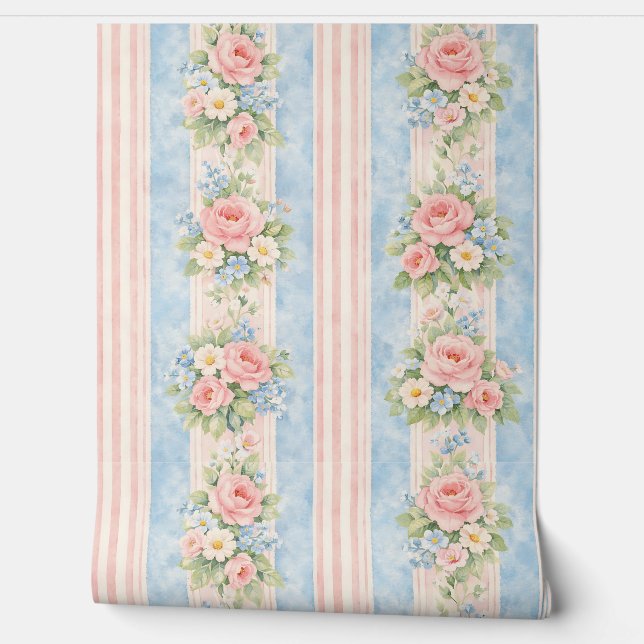 Grootmoederstijl gestreepte bloemenbehang blauw ro behang (Afrollen)