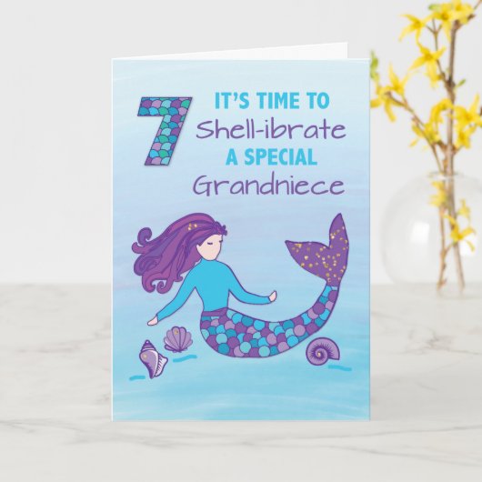 Grootnicht 7e verjaardag Sparkly look Mermaid Kaart (Gele Bloem)